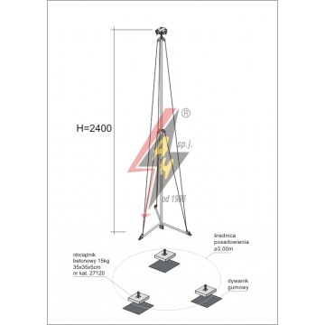 AH Hardt AH-28574 - Мачта молниеприемника, для воздуховода H=2400 mm, расстояние до 5 м, составная, тренога, утяжители 3x27120, (ś.p. Ø 3,00 m) – 2,8 кг / 47,8 кг