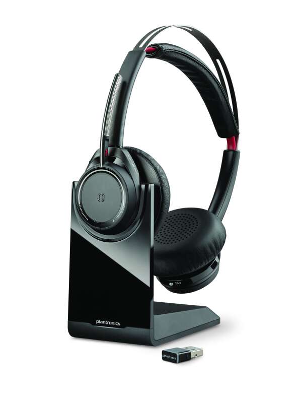 Plantronics Voyager Focus UC — Bluetooth-стереогарнитура с активным шумоподавлением + настольная подставка для зарядки в комплекте (Hi-Fi, ANC, Microsoft Lync)