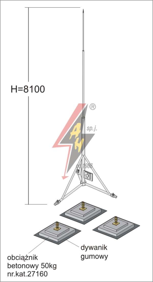 AH Hardt AH-27281 - Вольностоящая мачта, стальная (горячего оцинкования) H=8100 mm, составная, тренога, утяжители 3x27160, (Ø 1,90 m) – 23,0 кг / 173,0 кг