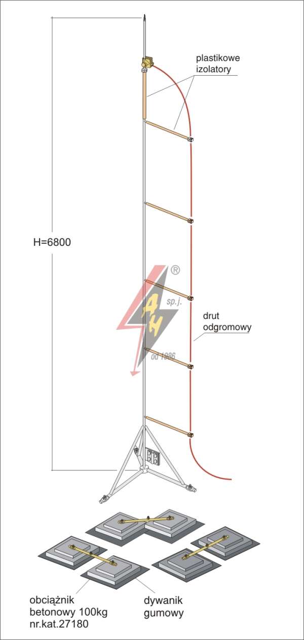 AH Hardt AH-28141 - Мачта горячего оцинкования, с изолированным громоотводом H=6800 mm, составной, тренога, утяжители 3x27180, (Ø 2,20 m) – 26,8 кг / 331,3 кг