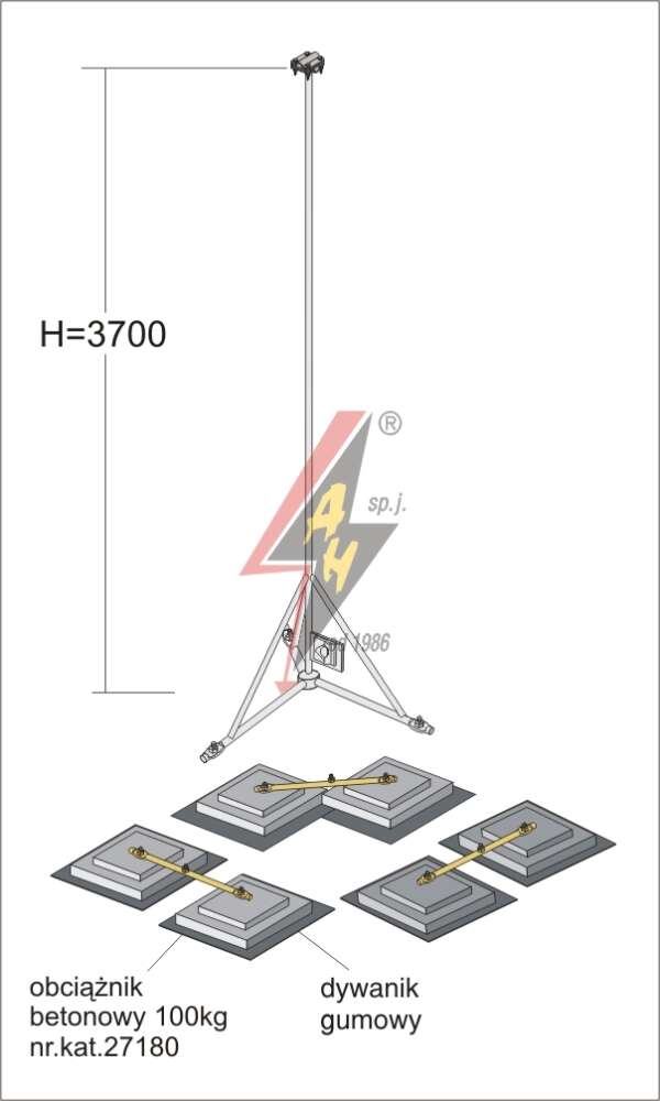 AH Hardt AH-28493 - Мачта, для вертикальных молниеуловителей из нерж. стали на подставке H=3700 mm, расстояние до 13 m, составная, тренога, утяжители 3x27180, (Ø 2,20 m) – 14,5 кг / 319 кг