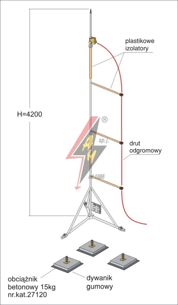 AH Hardt AH-28123 - Мачта, горячего оцинкования с изолированным громоотводом H=4200 mm, составная, тренога, утяжители 3x27120, (Ø 1,65 m) – 14,2 кг / 59,2 кг