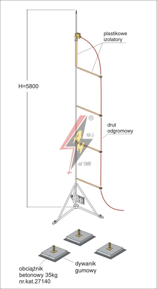 AH Hardt AH-28133 - Мачта, горячего оцинкования с изолированным громоотводом H=5800 mm, составная, тренога, утяжители 3x27140, (Ø 1,90 m) – 24,2 кг / 129,2 кг