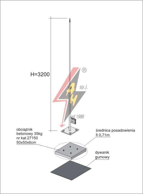 AH Hardt AH-27214 - Молниеотвод, алюминиевый H=3200 mm, составная, утяжитель 27150, (Ø 0,71 m) – 1,8 кг / 36,8 кг