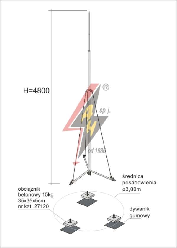 AH Hardt AH-27254 - Молниеотвод, алюминиевый H=4800 mm, составная, тренога, утяжители 3x27120, (Ø 3,00 m) – 3,2 кг / 48,2 кг