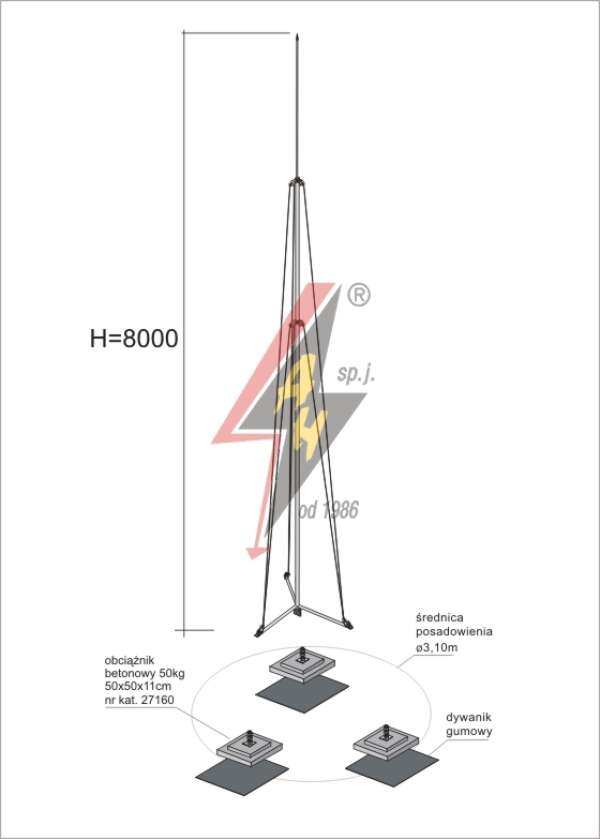 AH Hardt AH-27564 - Молниеотвод, алюминиевый H=8000 mm, составная, тренога, утяжители 3x27160, (Ø 3,10 m) – 7,7 кг / 157,7 кг
