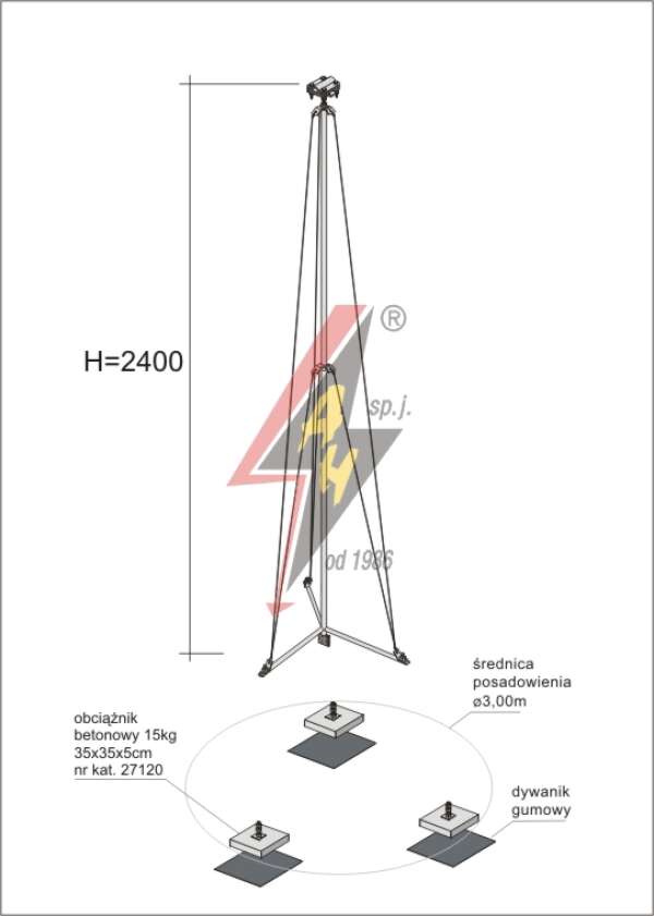 AH Hardt AH-28574 - Мачта молниеприемника, для воздуховода H=2400 mm, расстояние до 5 м, составная, тренога, утяжители 3x27120, (ś.p. Ø 3,00 m) – 2,8 кг / 47,8 кг