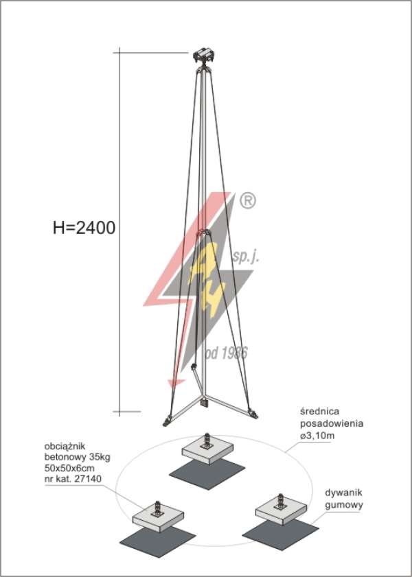 AH Hardt AH-28584 - Мачта молниеприемника, для воздуховода H=2400 mm, расстояние до 15 m, составная, тренога, утяжители 3x27140, (ś.p. Ø 3,10 m) – 2,8 кг / 107,8 кг