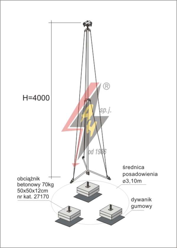 AH Hardt AH-28664 - Мачта молниеприемника, для воздуховода H=4000 mm, расстояние до 15 m, составная, тренога, утяжители 3x27170, (Ø 3,10 m) – 5,8 кг / 215,8 кг