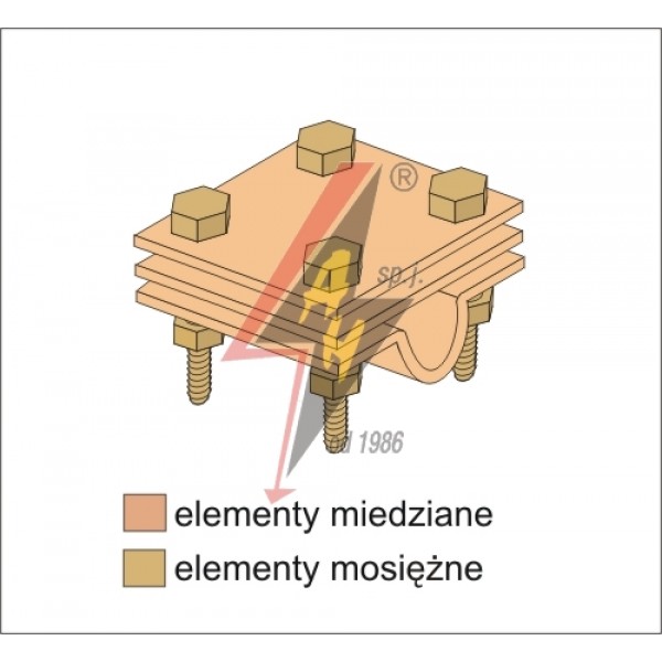 AH Hardt AH-01232 - Крестообразное соединение, 4xM8x30, три пластины, B do 40 mm, проволока / пруток Ø 14-20 mm, медь/латунь