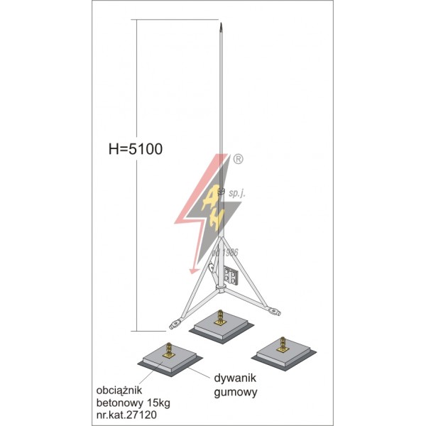 AH Hardt AH-27251 - Вольностоящая мачта, стальная (горячего оцинкования) H=5100 mm, составная, тренога, утяжители 3x27120, (Ø 1,65 m) – 11,7 кг / 56,7 кг