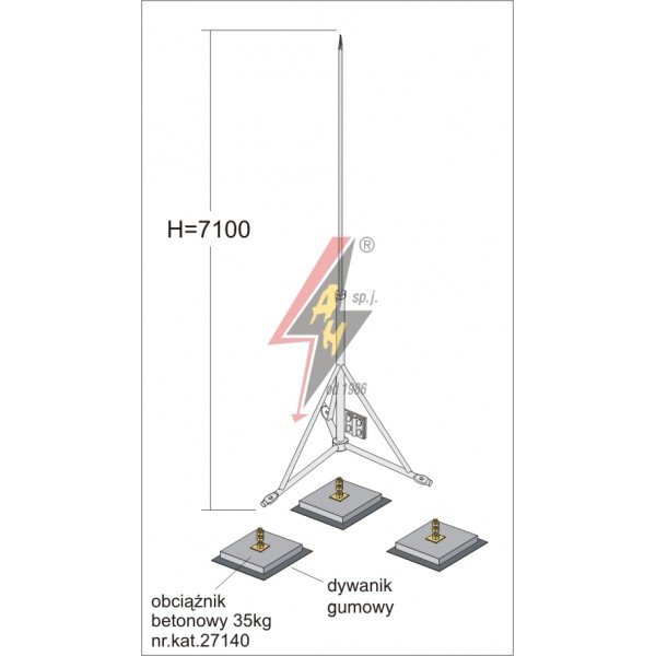 AH Hardt AH-27271 - Вольностоящая мачта, стальная (горячего оцинкования) H=7100 mm, составная, тренога, утяжители 3x27140, (Ø 1,90 m) – 18,0 кг / 123,0 кг