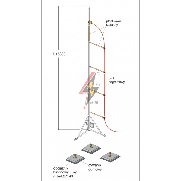 AH Hardt AH-28131 - Мачта горячего оцинкования, с изолированным громоотводом H=5800 mm, составной, тренога, утяжители 3x27140, (Ø 1,90 m) – 24,2 кг / 129,2 кг