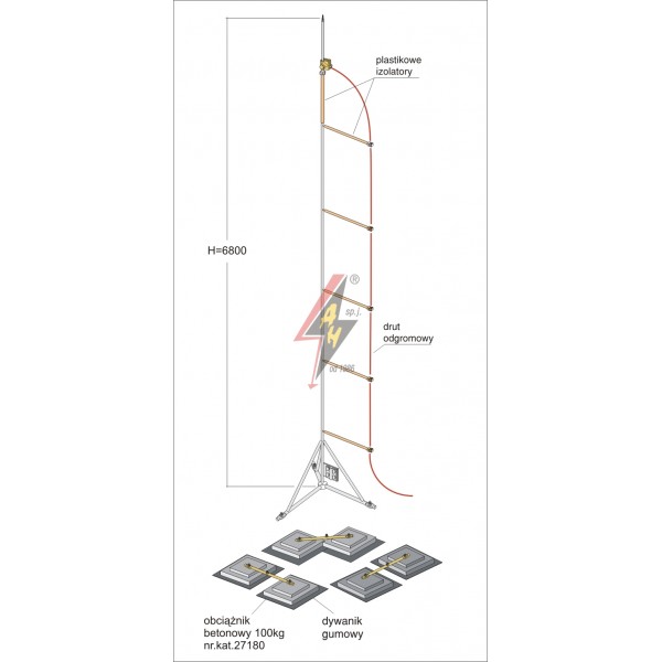 AH Hardt AH-28141 - Мачта горячего оцинкования, с изолированным громоотводом H=6800 mm, составной, тренога, утяжители 3x27180, (Ø 2,20 m) – 26,8 кг / 331,3 кг