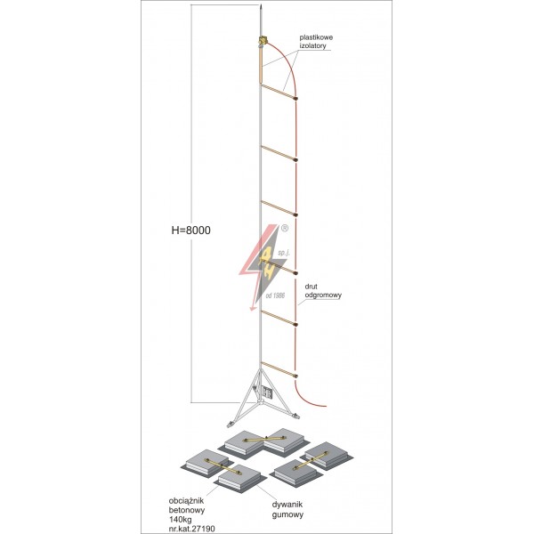 AH Hardt AH-28151 - Мачта горячего оцинкования, с изолированным громоотводом H=8000 mm, составной, тренога, утяжители 3x27190, (Ø 2,20 m) – 31,8 кг / 456,3 кг