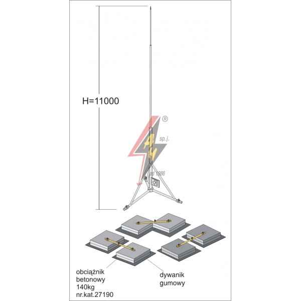 AH Hardt AH-27563 - Вольностоящая мачта, горячего оцинкования на треноге с укосинами H=11000 mm, составная, тренога, утяжители 3x27190, (Ø 2,20 m) – 34,0 кг / 458,5 кг