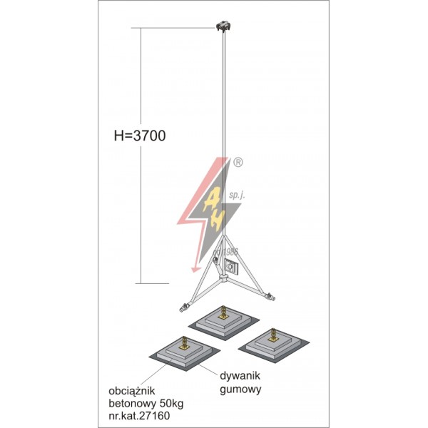 AH Hardt AH-28043 - Мачта, для вертикальных молниеуловителей из нерж. стали на подставке H=3700 mm, расстояние до 8 m, составная, тренога, утяжители 3x27160, (Ø 1,90 m) – 14,3 кг / 164,3 кг