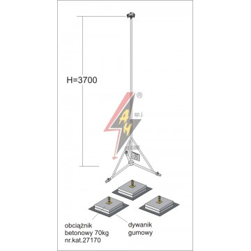 AH Hardt AH-28433 - Мачта, для вертикальных молниеуловителей из нерж. стали на подставке H=3700 mm, расстояние до 10 m, составная, тренога, утяжители 3x27170, (Ø 1,90 m) – 14,3 кг / 224,3 кг