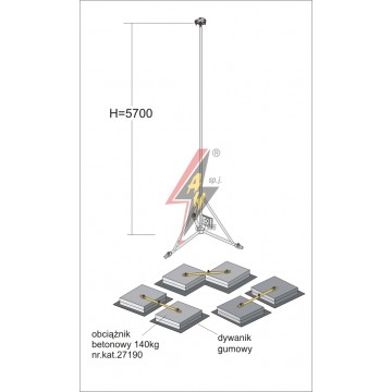 AH Hardt AH-28453 - Мачта, для вертикальных молниеуловителей из нерж. стали на подставке H=5700 mm, расстояние до 10 m, составная, тренога, утяжители 3x27190, (Ø 2,20 m) – 21,1 кг / 445,6 кг