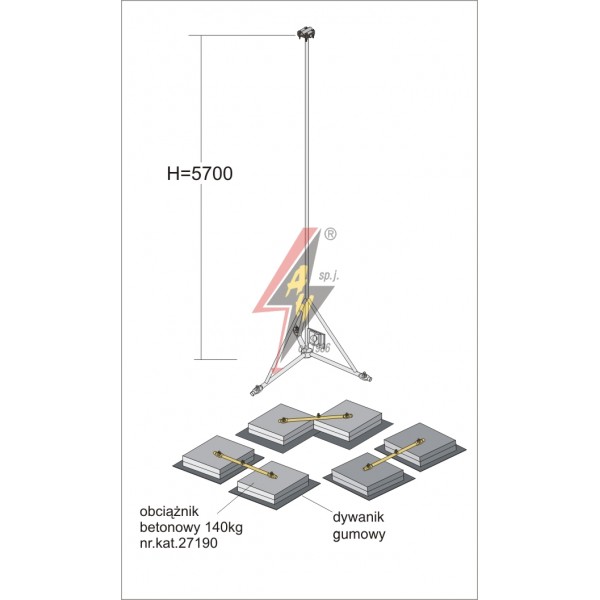 AH Hardt AH-28453 - Мачта, для вертикальных молниеуловителей из нерж. стали на подставке H=5700 mm, расстояние до 10 m, составная, тренога, утяжители 3x27190, (Ø 2,20 m) – 21,1 кг / 445,6 кг