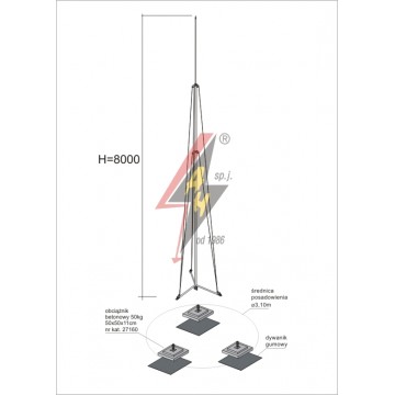 AH Hardt AH-27564 - Молниеотвод, алюминиевый H=8000 mm, составная, тренога, утяжители 3x27160, (Ø 3,10 m) – 7,7 кг / 157,7 кг