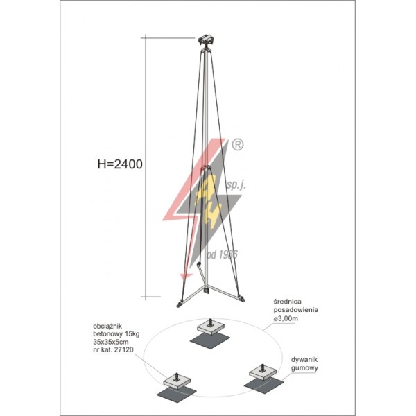 AH Hardt AH-28574 - Мачта молниеприемника, для воздуховода H=2400 mm, расстояние до 5 м, составная, тренога, утяжители 3x27120, (ś.p. Ø 3,00 m) – 2,8 кг / 47,8 кг