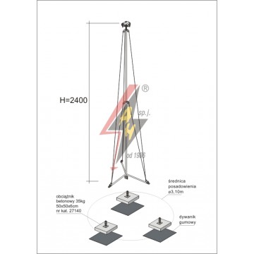 AH Hardt AH-28584 - Мачта молниеприемника, для воздуховода H=2400 mm, расстояние до 15 m, составная, тренога, утяжители 3x27140, (ś.p. Ø 3,10 m) – 2,8 кг / 107,8 кг