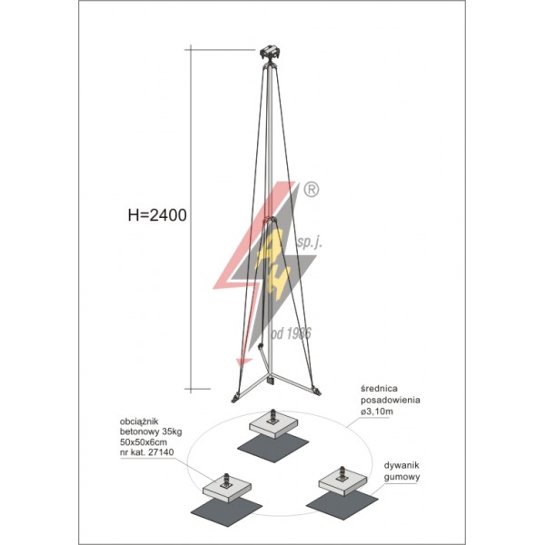 AH Hardt AH-28584 - Мачта молниеприемника, для воздуховода H=2400 mm, расстояние до 15 m, составная, тренога, утяжители 3x27140, (ś.p. Ø 3,10 m) – 2,8 кг / 107,8 кг