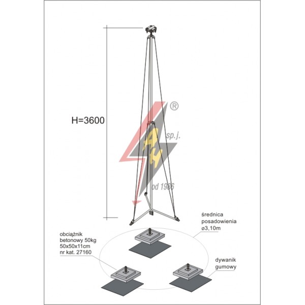 AH Hardt AH-28624 - Мачта молниеприемника, для воздуховода H=3600 mm, расстояние до 11 m, составная, тренога, утяжители 3x27160, (Ø 3,10 m) – 4,8 кг / 154,8 кг