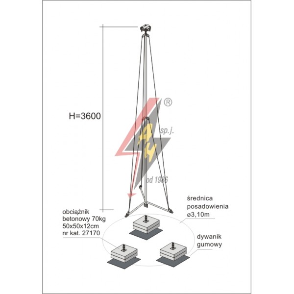 AH Hardt AH-28634 - Мачта молниеприемника, для воздуховода H=3600 mm, расстояние до 16 m, составная, тренога, утяжители 3x27170, (Ø 3,10 m) – 4,8 кг / 214,8 кг