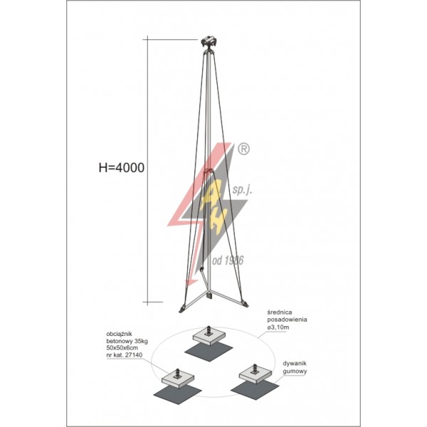 AH Hardt AH-28644 - Мачта молниеприемника, для воздуховода H=4000 mm, расстояние до 8 m, составная, тренога, утяжители 3x27140, (Ø 3,10 m) – 5,8 кг / 110,8 кг